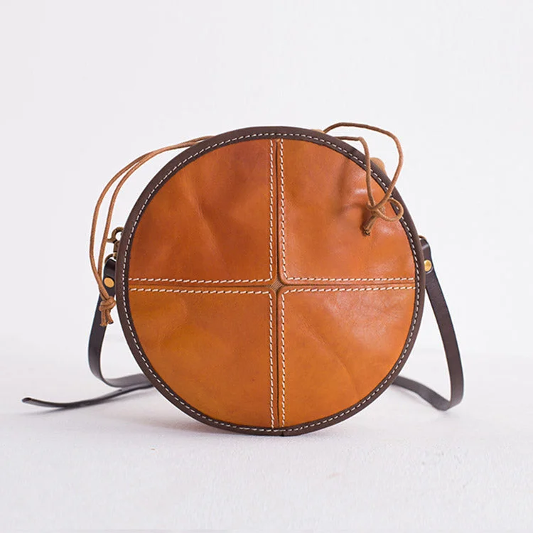 Womens Leather Circle Bag Round Purse Small Crossbody Purse for Women