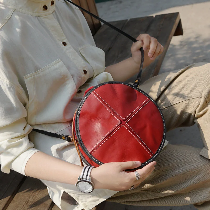 Ladies Leather Circle Bag Round Purse Small Crossbody Purse for Women