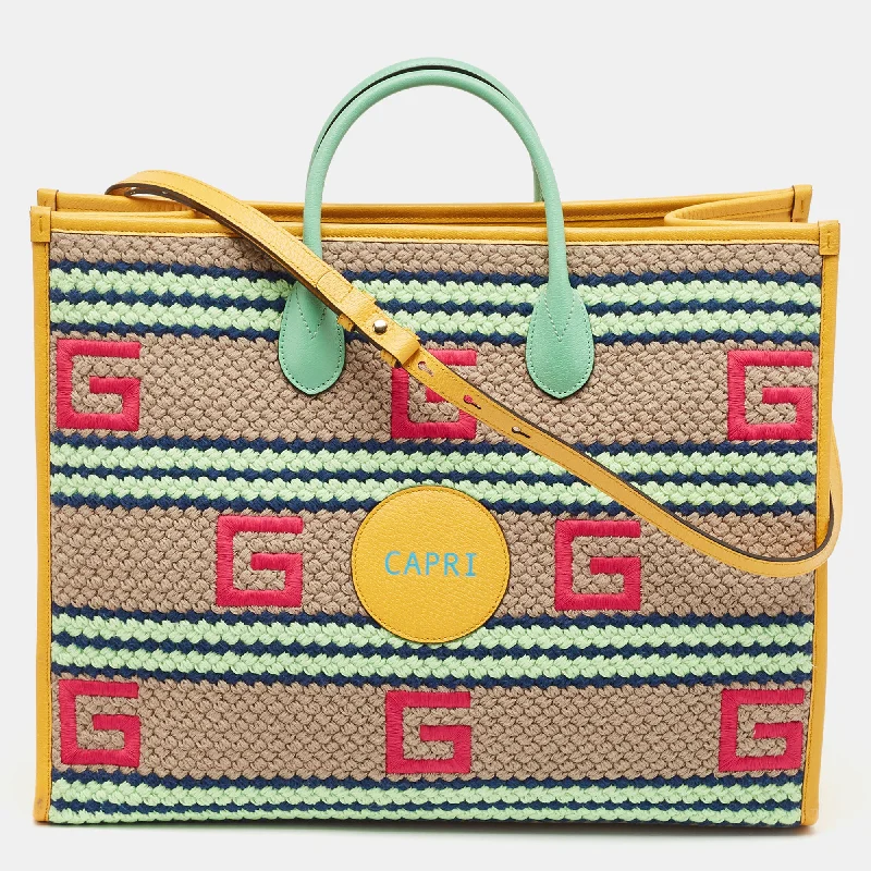 Gucci Multicolor Square G Embroidered Fabric Capri Striped Tote