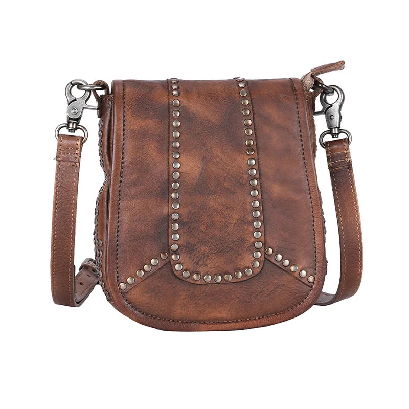 Vintage Boho Leather Crossbody Saddle Bag Western Small Satchel Purses for Women