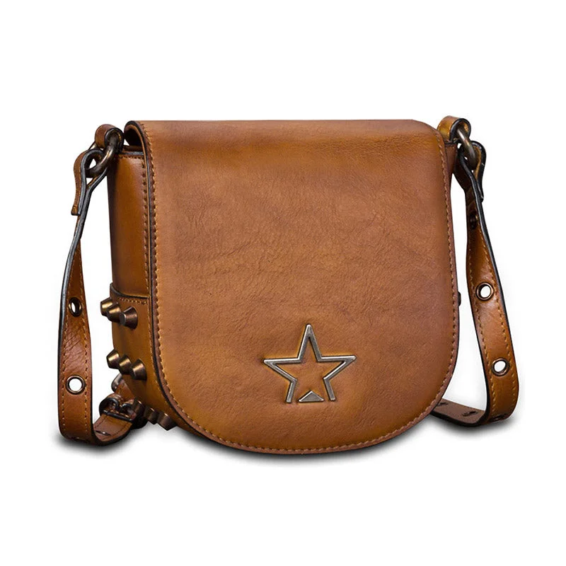 Vintage Womens Tan Leather Crossbody Saddle Bag Small Satchel Purse for Women