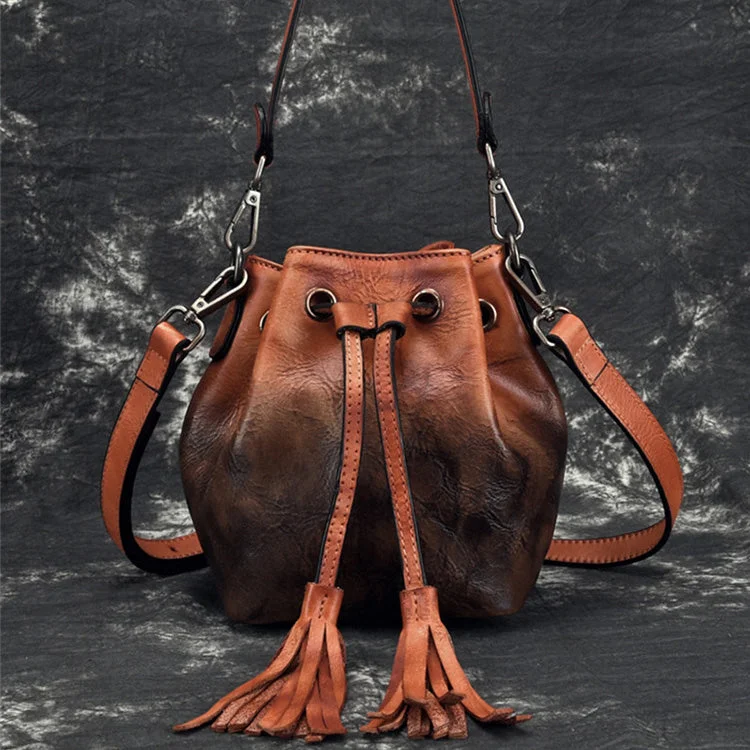 Small Womens Brown Leather Bucket Handbags Purse With Fringe Shoulder Bag for Women