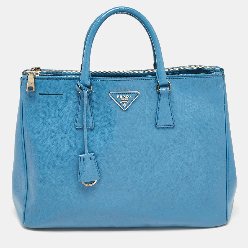 Prada Blue Saffiano Lux Leather Large Double Zip Tote