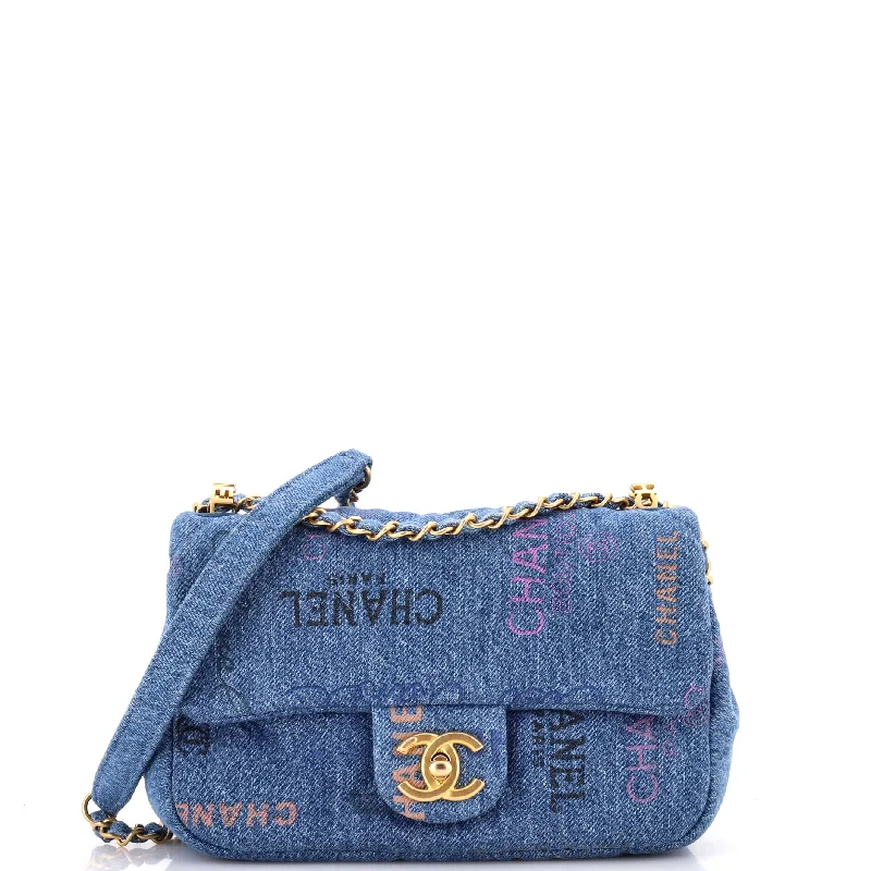 Denim Mood Flap Bag Logo Printed Quilted Denim Small