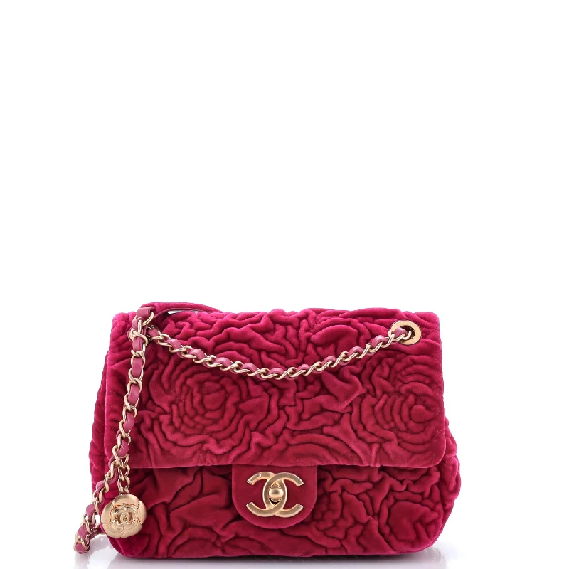 Square Classic Single Flap Bag Camellia Velvet Mini