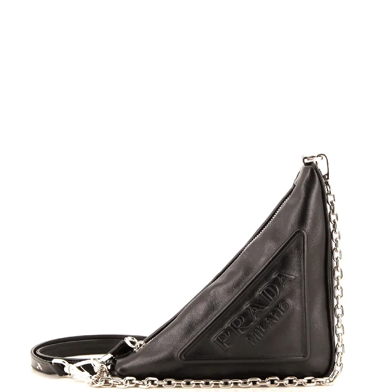 Triangle Logo Zip Chain Crossbody Bag Embossed Leather Small