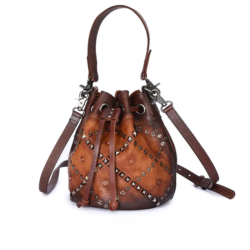 Rivets Leather Bucket Bag Designer Crossbody Bags Purse for Women