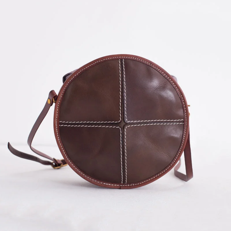 Womens Tan Leather Circle Bag Round Purse Over The Shoulder Purse