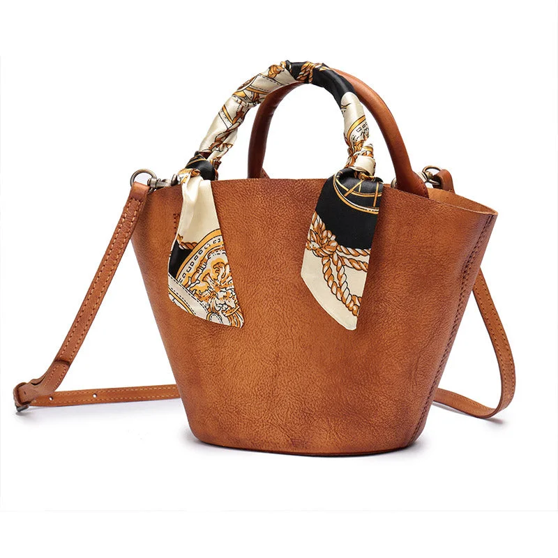 Vintage Brown Leather Crossbody Bucket Bag Purse Handbags for Women