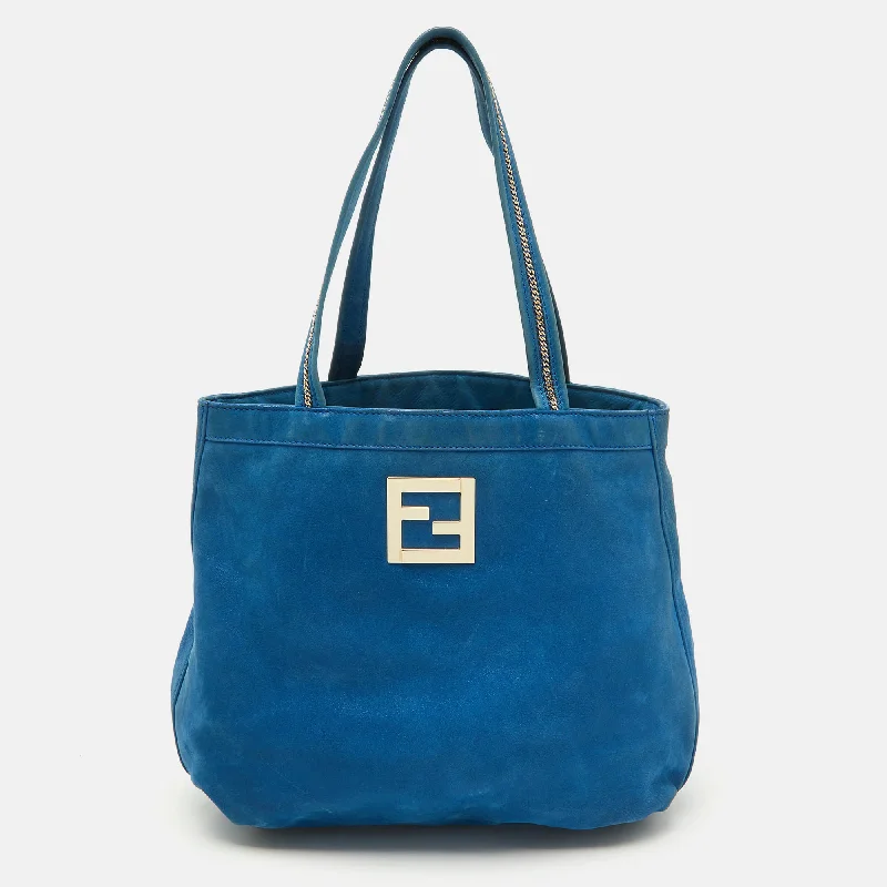 Fendi Metallic Blue Nubuck Leather Ff Tote