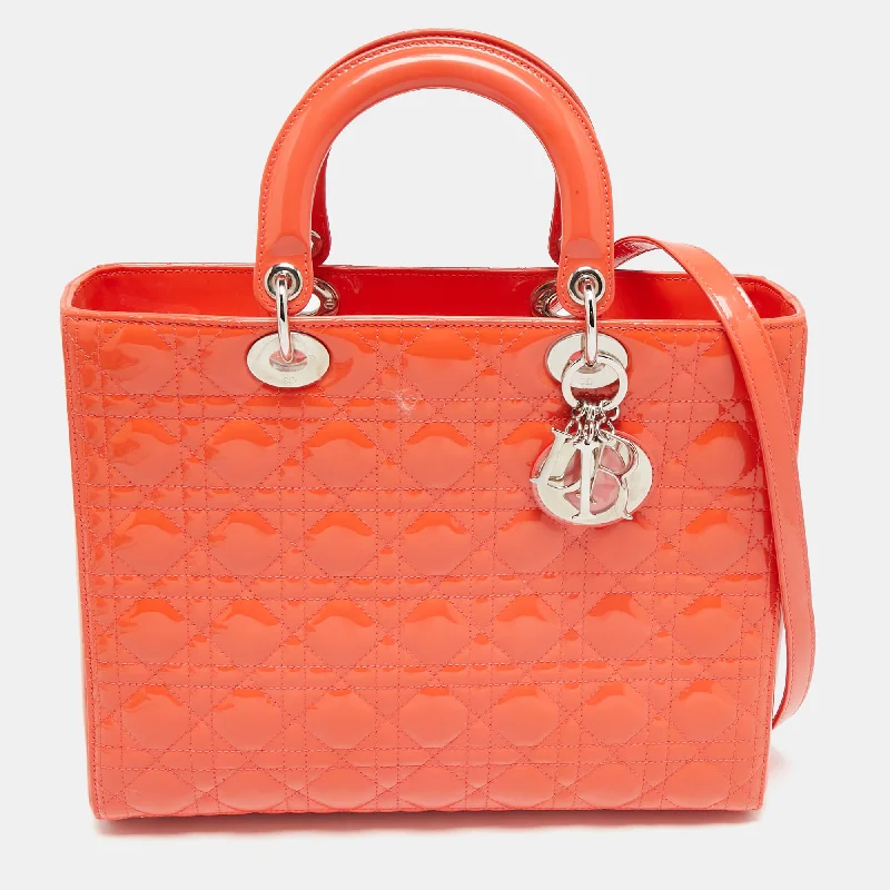 Dior Orange Cannage Patent Leather Large Lady Dior Tote