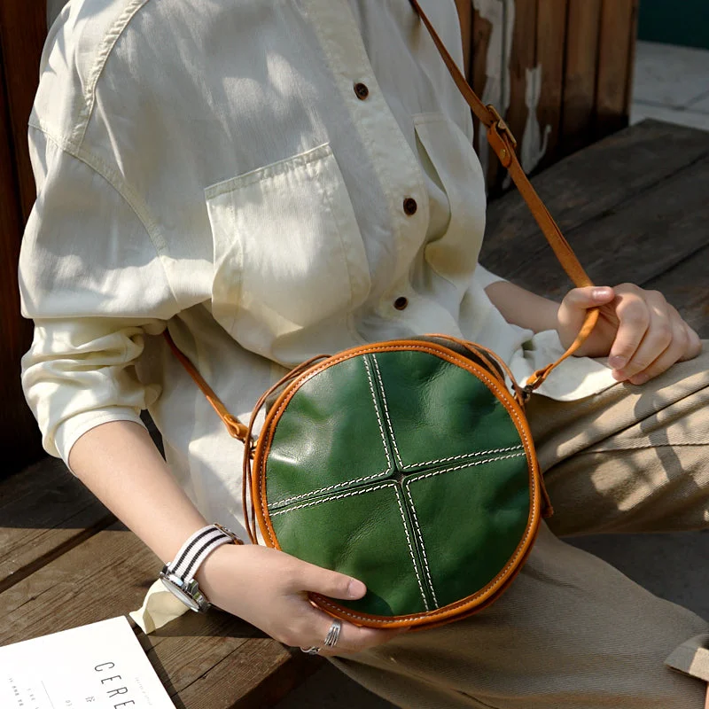 Ladies Green Leather Round Bag Circle Purse Casual Crossbody Bag for Women