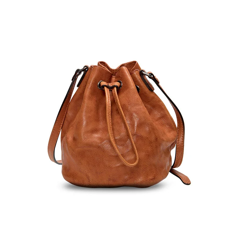 Small Womens Brown Leather Bucket Bag Purse Over The Shoulder Bags for Women