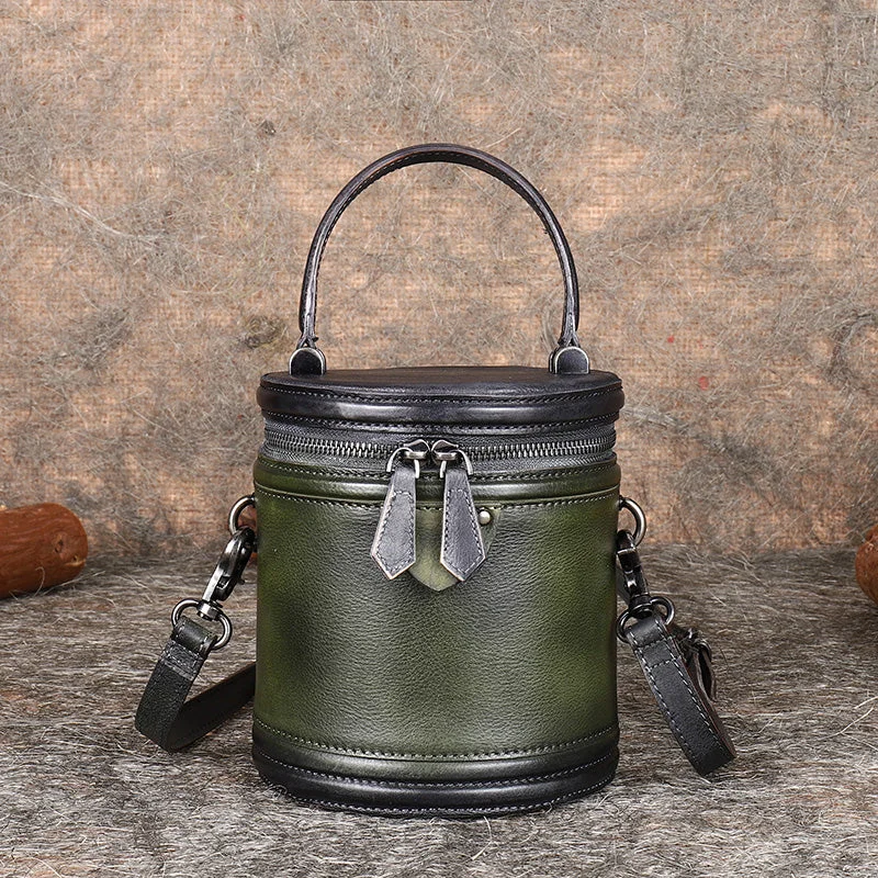 Womens Green Leather Bucket Bags Small Crossbody Satchel Purses for Women