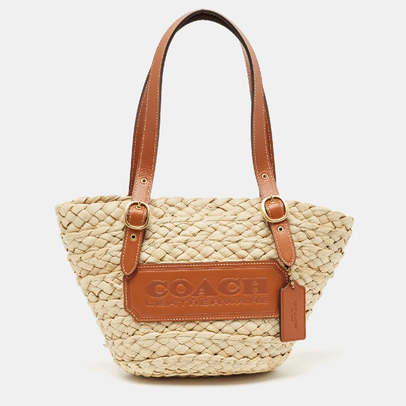 Coach Beige/brown Straw And Leather Structured 16 Tote