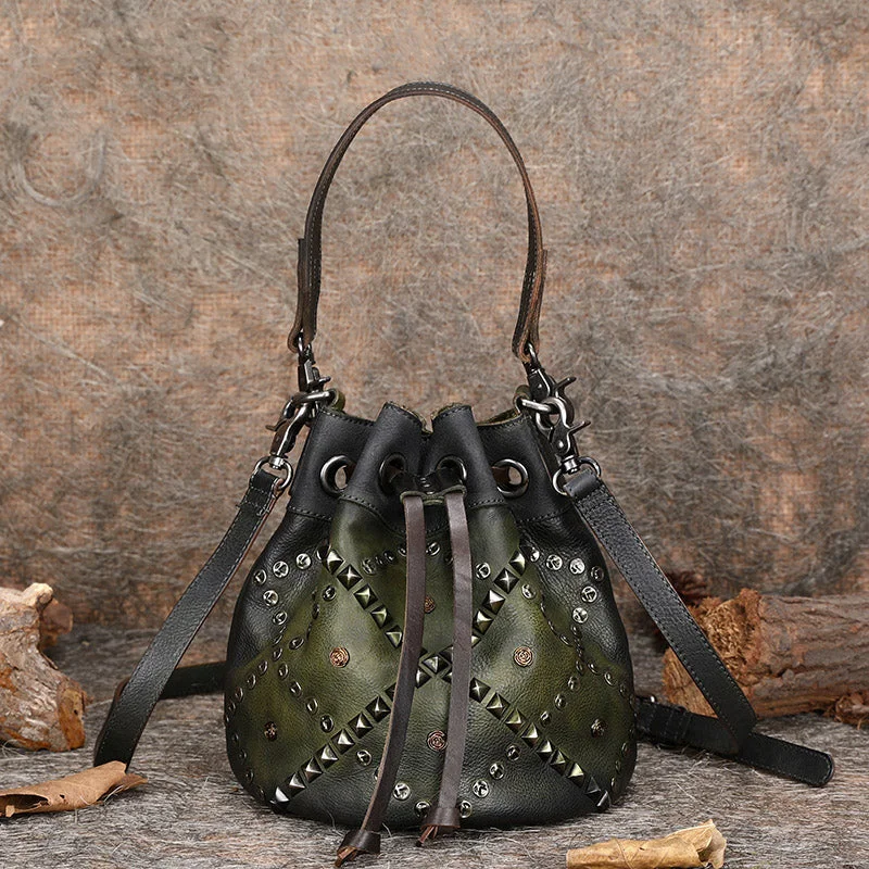 Boho Womens Green Leather Bucket Handbags Small Shoulder Bag for Women