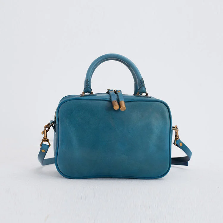 Ladies Small Cube Bag Blue Leather Handbag Crossbody Purse for Women