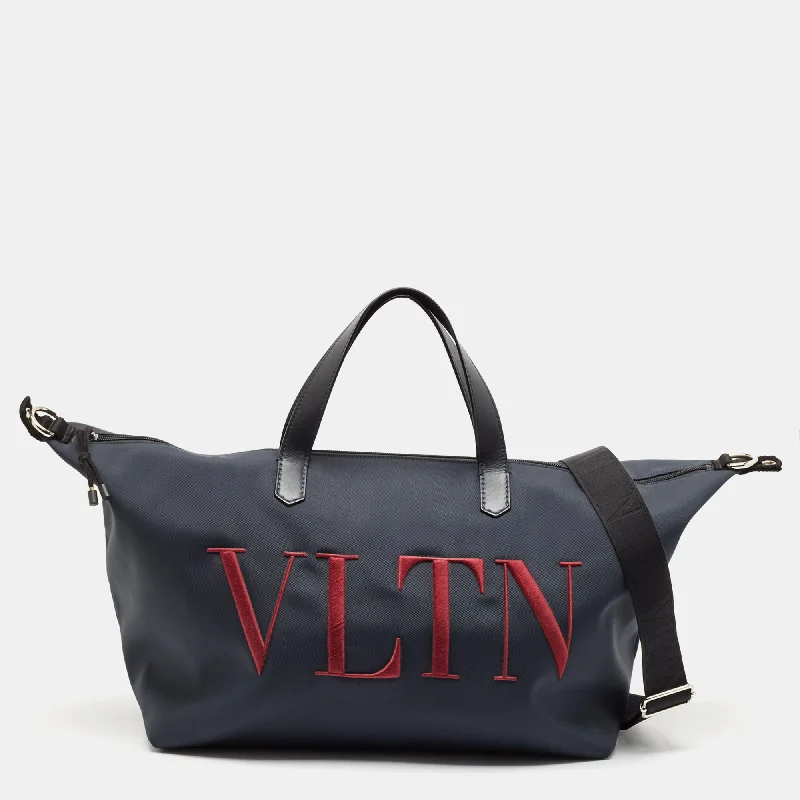 Valentino Dark Blue Leather And Nylon Vltn Travel Tote