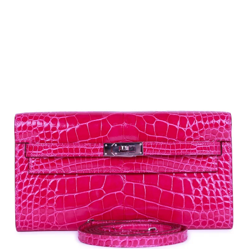 Pre-owned Hermes Kelly Wallet To Go Rose Scheherazade Shiny Alligator Palladium Hardware