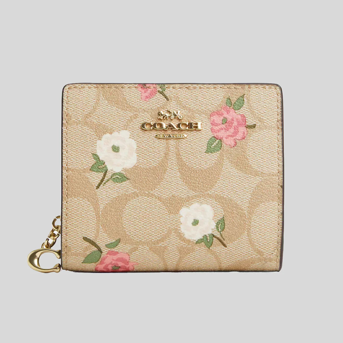 COACH Snap Wallet In Signature Canvas With Floral Print Khaki Chalk Multi RS-CR969