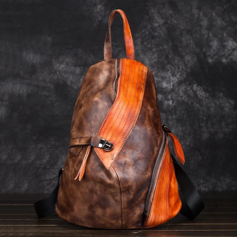 Men Women Genuine Leather Backpack Daypack Knapsack First Layer Cowhide Patchwork Brush Color