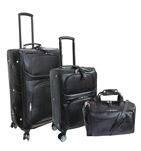 Amerileather Leather Croco-Print Three Piece Set Traveler On Spinner Wheels (#8603-0) (Black)