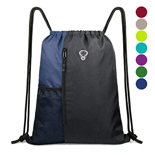 Drawstring Backpack Sports Gym Bag for Women Men Children Large Size with Zipper and Water Bottle Mesh Pockets (Black/Navy)