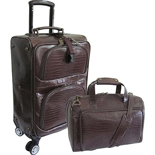 Amerileather Traveler Croco Print Leather 2Pc Spinner Luggage Set (Dark Brown)