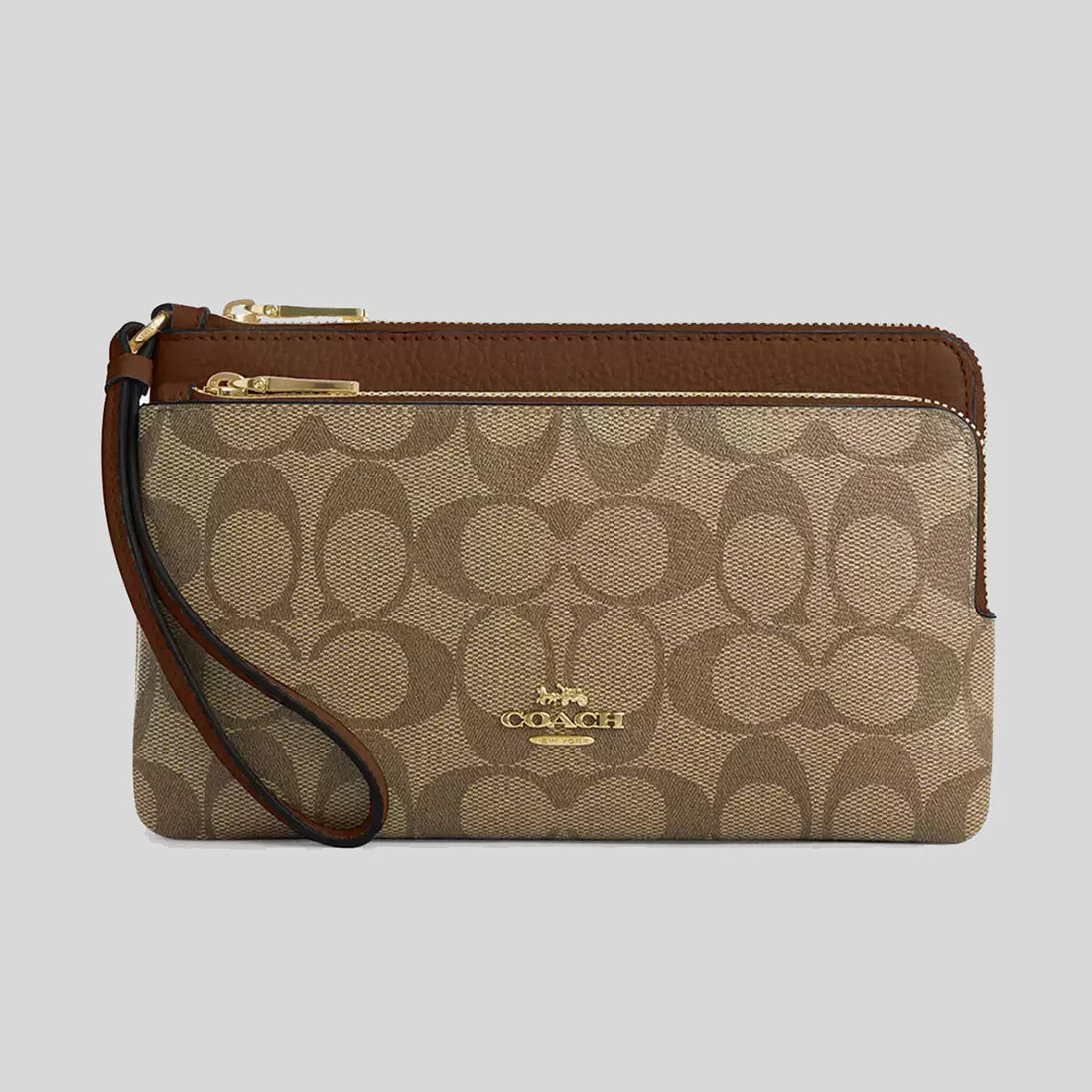 COACH Double Zip Wallet In Signature Canvas Khaki/Saddle RS-CU920