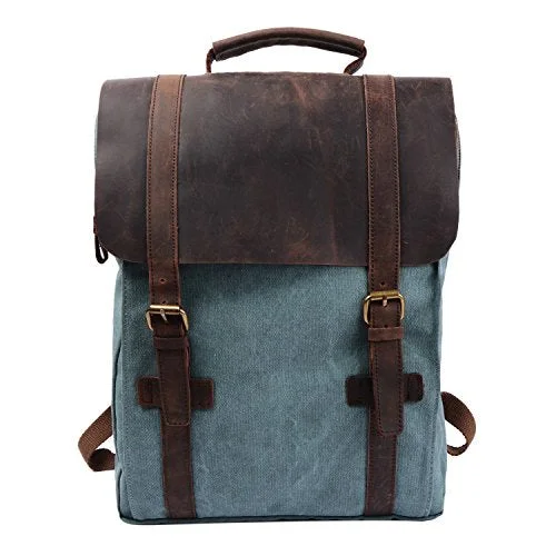 S-Zone Retro Canvas Leather School Travel Backpack Rucksack 15.6-Inch Laptop Bag