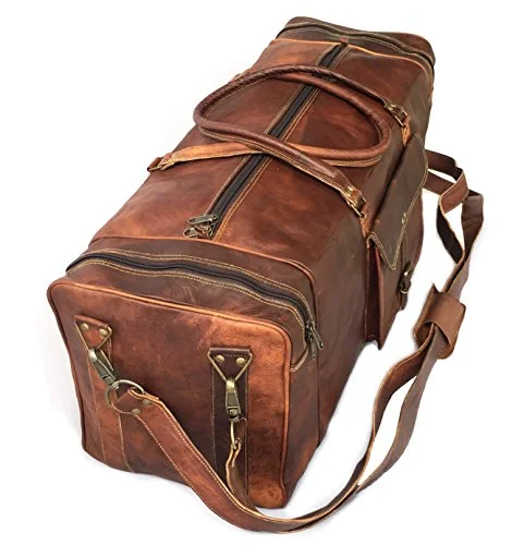 28" Inch Real Goat Vintage Leather Large Handmade Travel Luggage Bags In Square Big Large Brown Bag