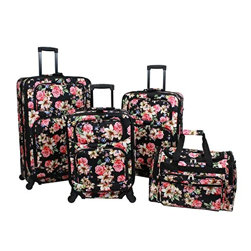 World Traveler Flower Bloom 4-Piece Rolling Expandable Spinner Luggage Set, Floral