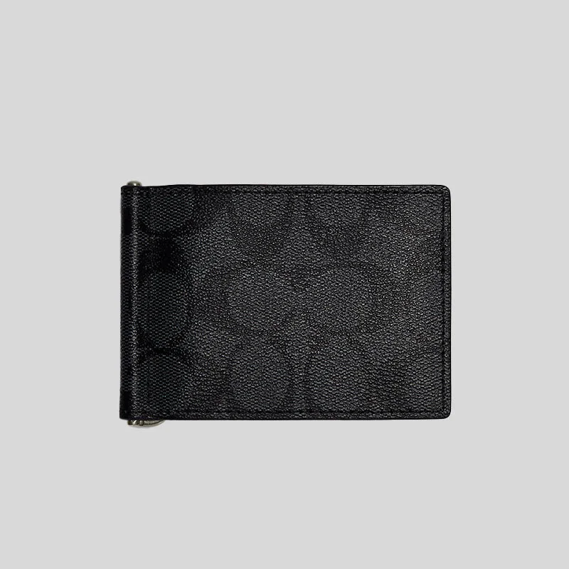 Coach Slim Money Clip Billfold Wallet In Signature Canvas Charcoal Black RS-CH086