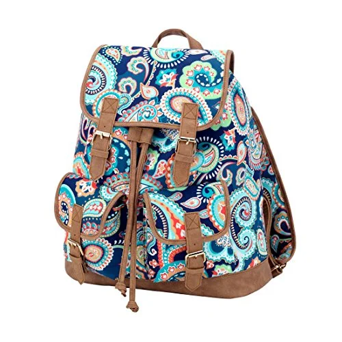 Fashion Print Faux Leather Buckles Drawstring Campus Backpack (Paisley - Blank)