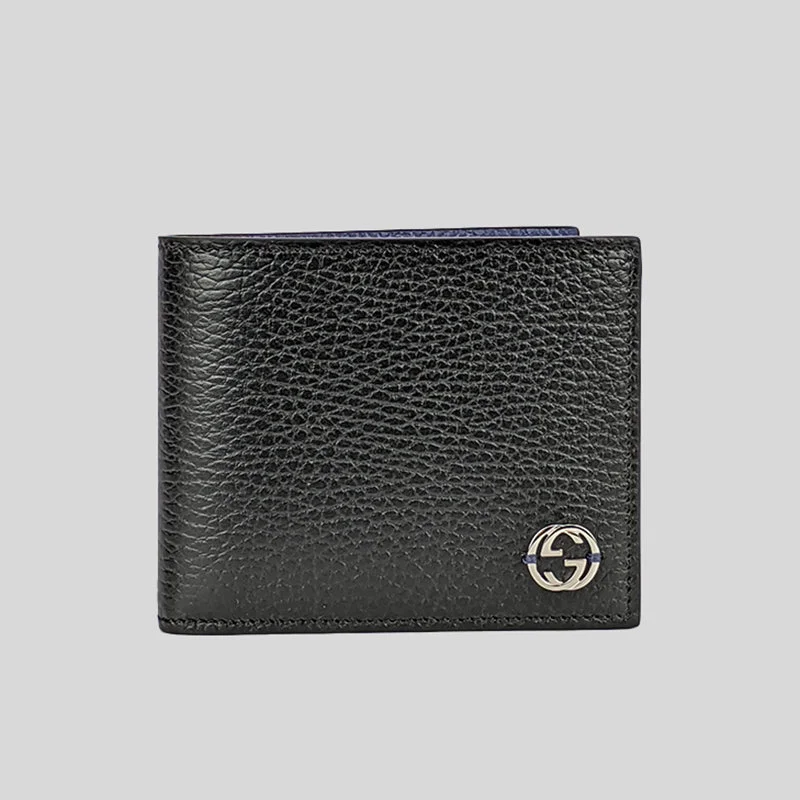 GUCCI Men's Leather Bifold Wallet With Interlock GG Logo Black/Blue RS-610464