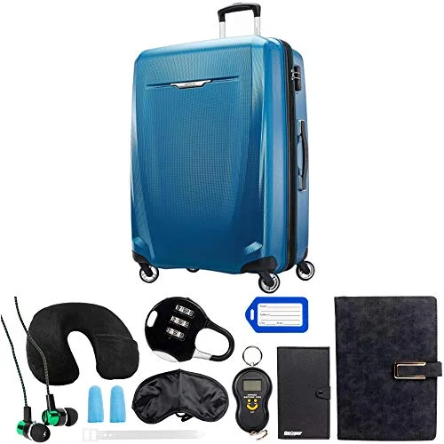 Samsonite Winfield 3 DLX Spinner 78/28 Checked Luggage, Blue (120754-1112) with Deco Gear 10 Piece Luggage Accessory Ultimate Travel Bundle