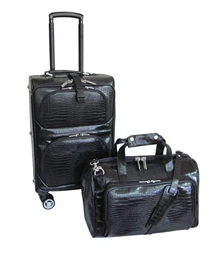 Amerileather Leather Croco-Print Two Piece Set Traveler On Spinner Wheels (#8602-0) (Black)