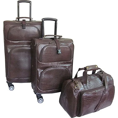 The Set Of Classic Dark Brown Amerileather Traveler Croco Print 3 Piece Luggage Set