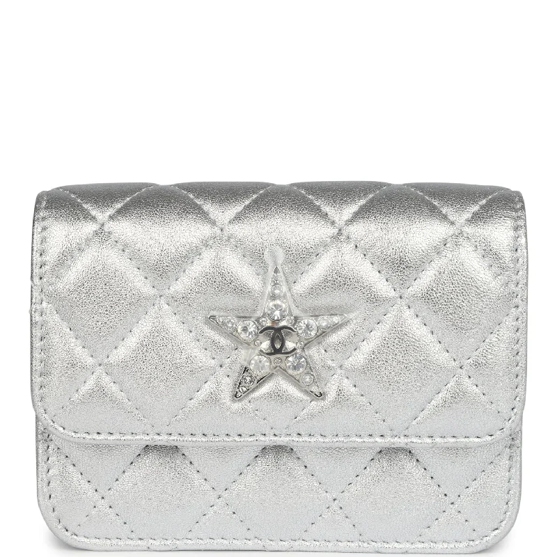 Chanel Crystal CC Walk Of Fame Clutch Wallet Silver Metallic Goatskin Silver Hardware